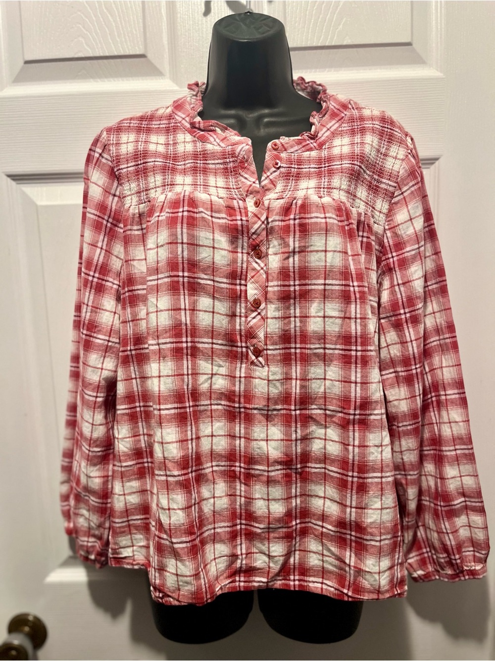 Chaps Blouse Top Plaid Boho Bell Long Sleeve XL Ruffle Collar Button Shirt Red